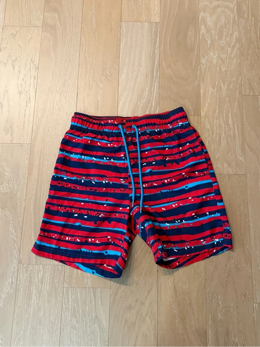 George Red & Navy Swim Trunks with Teal Stripe Accents